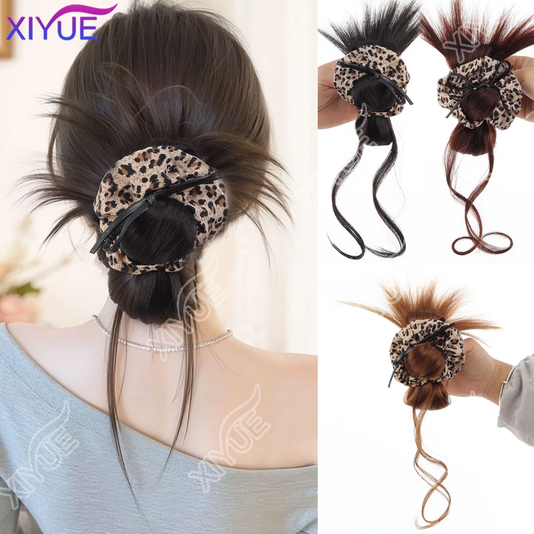 Xiyue coque de cabelo sintético, clipe de garra, estampa de leopardo com laço de cabelo, peruca, laço, estampa de leopardo, pena de frango, bigode de dragão