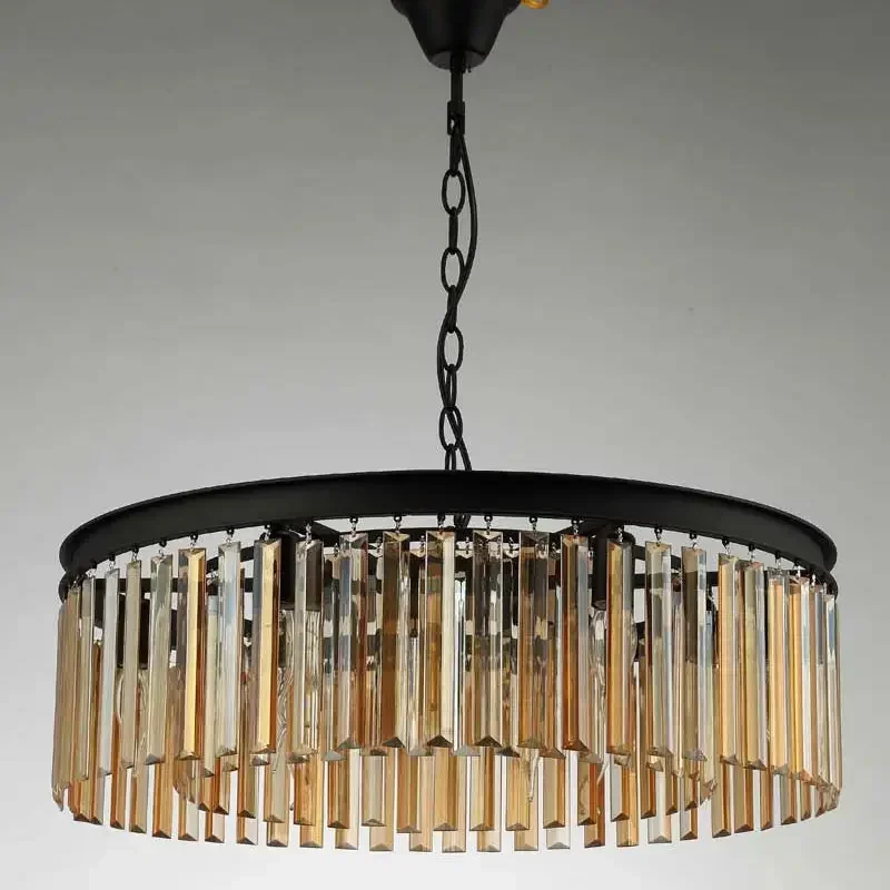 E27 American Country Retro Vintage Amber Crystal Lamp Pendant Lights Living Room Kitchen Black Iron Home Lighting 110-240V