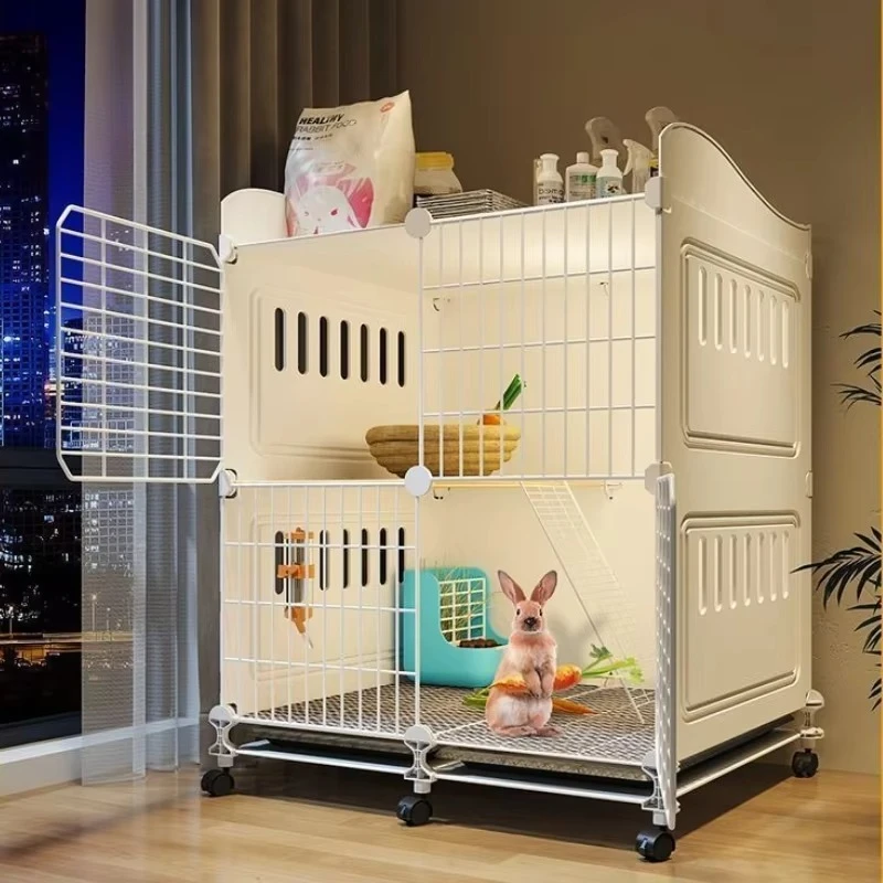 Large Luxury Rabbit Cage, 2-Tier Indoor Habitat with Ramp, Automatic Poop Cleaning for Guinea Pigs Small Pets