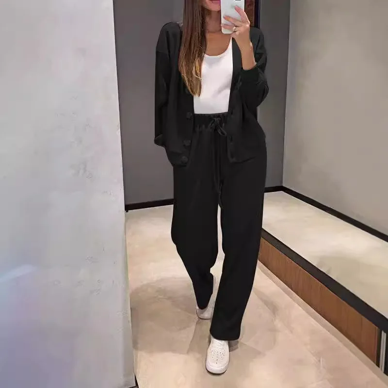 Autumn Women Knitted Two Piece Sets Single Breasted Loose Cardigan Sweaters with Sweatpants Suit Casual Solid Lady Chic Outfits