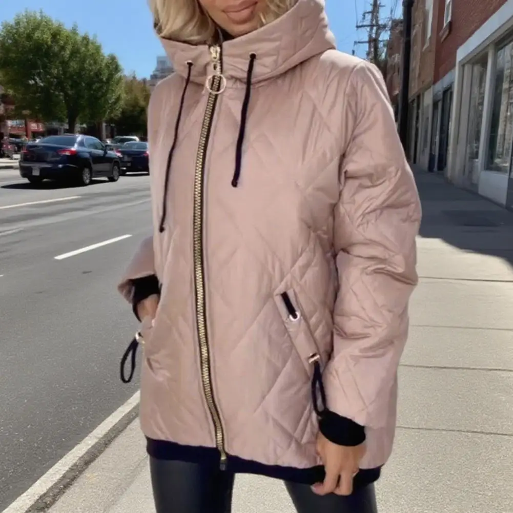 Chaqueta de plumón de estilo básico 2025, Chaqueta de algodón de Color sólido para mujer, abrigo con capucha y cordón, Chaqueta de algodón cálida de manga larga para mujer
