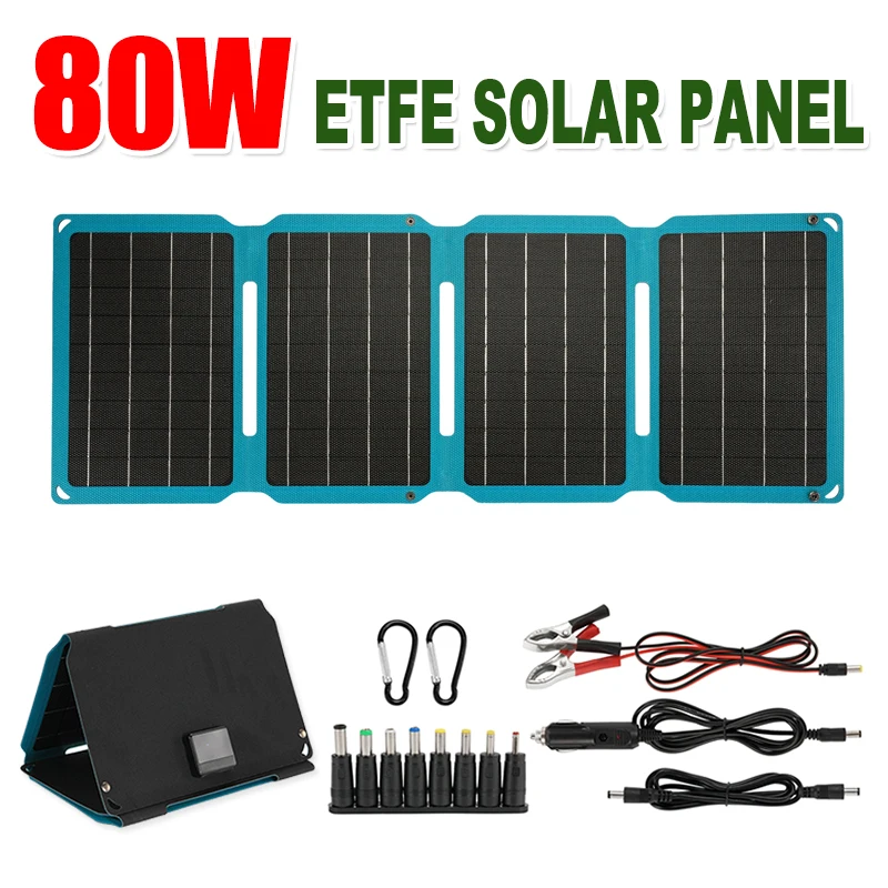 ETFE Solar Panel 80W 4 Folding ETFE Waterproof Solar Charger Battery USB+DC+Type C Output Power Bank for Outdoor Camping Hiking