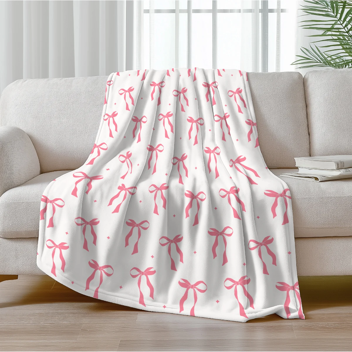 1pc Pink Bow Flannel Blanket Nap Blanket Suitable For Sofas Beds Cars Rooms Offices Camping Exquisite Gift Blankets
