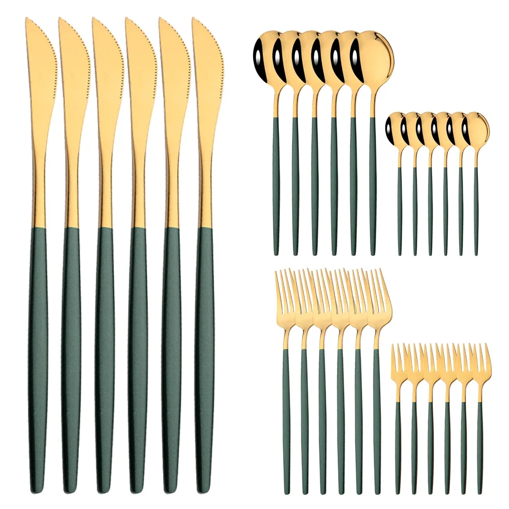 30Pcs Green Gold Dinnerware Tableware Set Stainless Steel Cutlery Kitchen Knife Cake Fork Spoon Restaurant Wedding Flatware Set