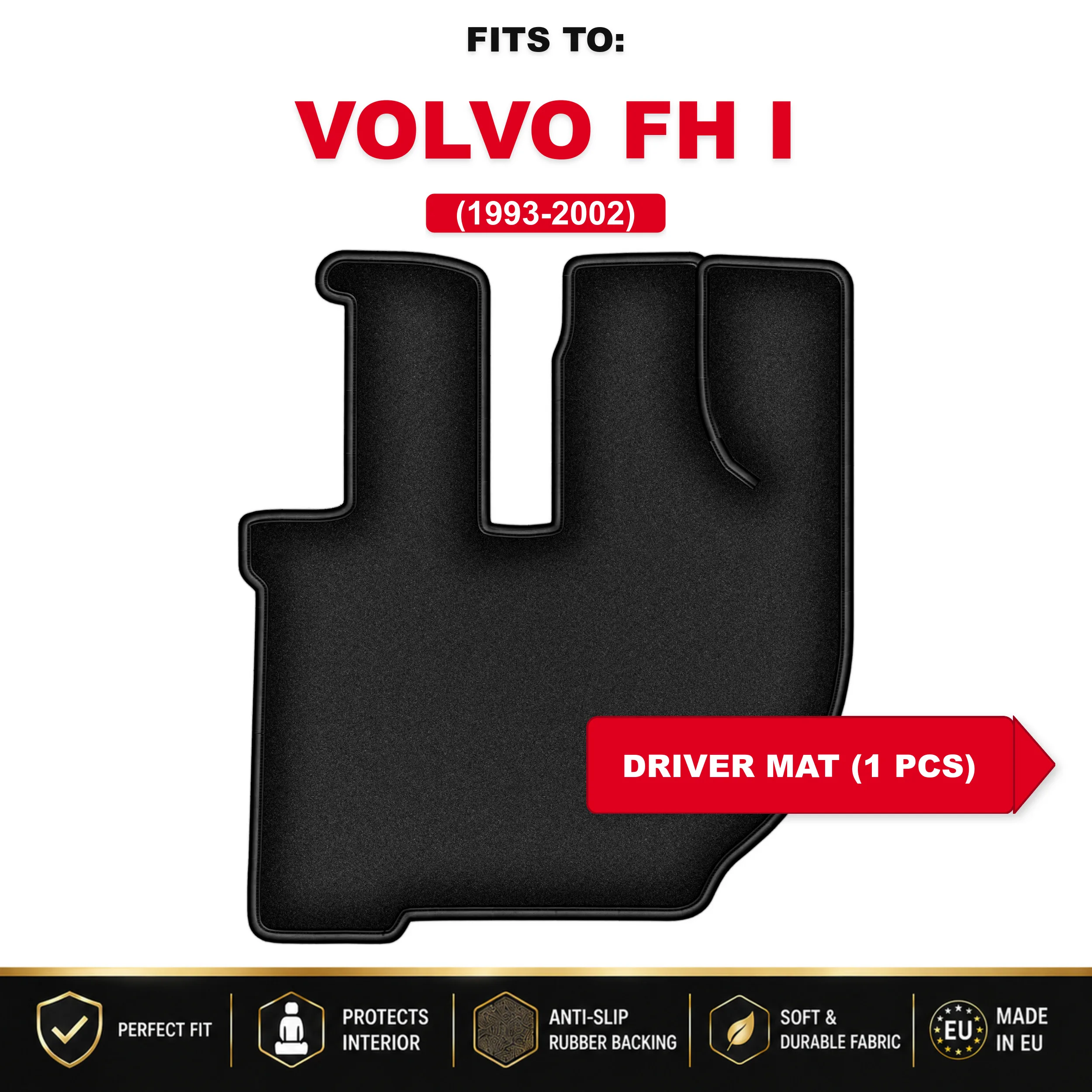 Zwart velours bestuurderskleed voor: Volvo FH I 1993-2002 vrachtwagen auto vloermat 1 stuk onder bestuurdersbeen passend
