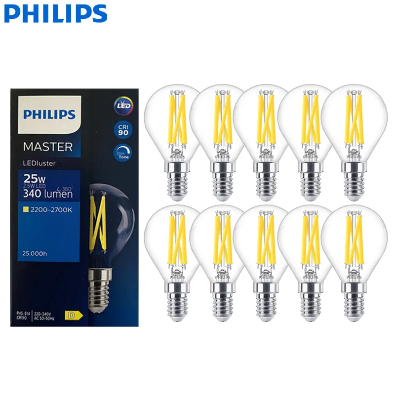 Philips Master P45 Clear Filament Glass LED Candle Luster Lamp E14 E27 DimTone Dimmable Warm White Indoor Light