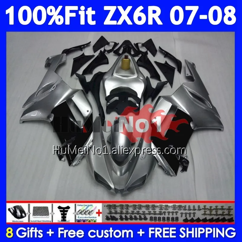 Injection Body For KAWASAKI NINJA ZX 6R 6 R 600 636 207No.152 ZX-6R ZX-636 ZX6R 07 08 ZX636 ZX600 2007 2008 Black silver Fairing