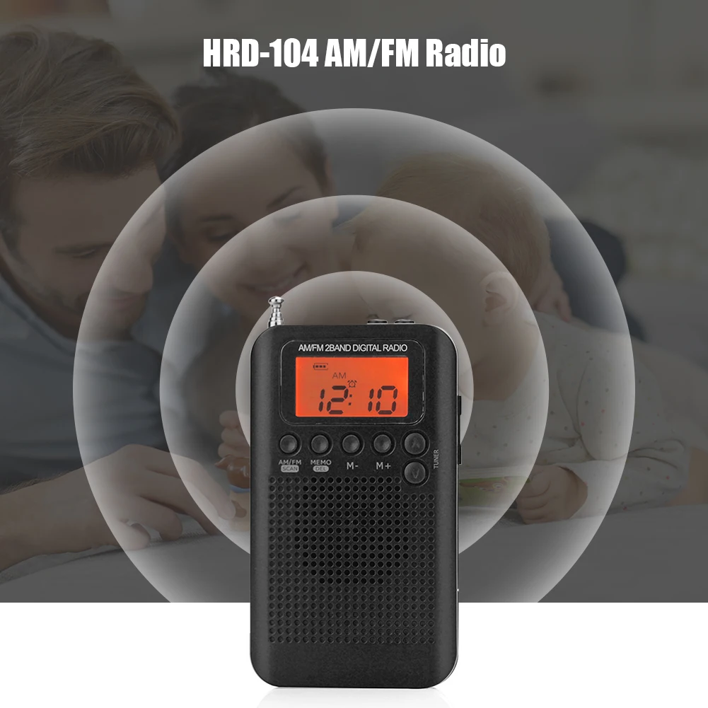 HRD-104 Pocket Radio Stereo Antenna Digital Tuning Radio LCD Display Radio FM AM Pocket with Driver Speaker Rechargeable