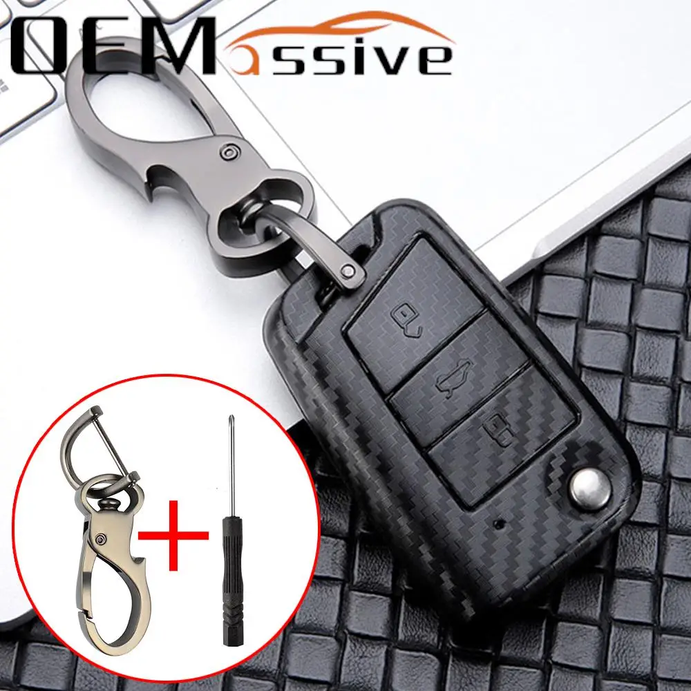 Carbon Fiber Style Remote Key Shell Case Fob Cover For VW Polo Golf 7 Tiguan Skoda Octavia Fabia Kodiaq Seat Key Ring Keychain