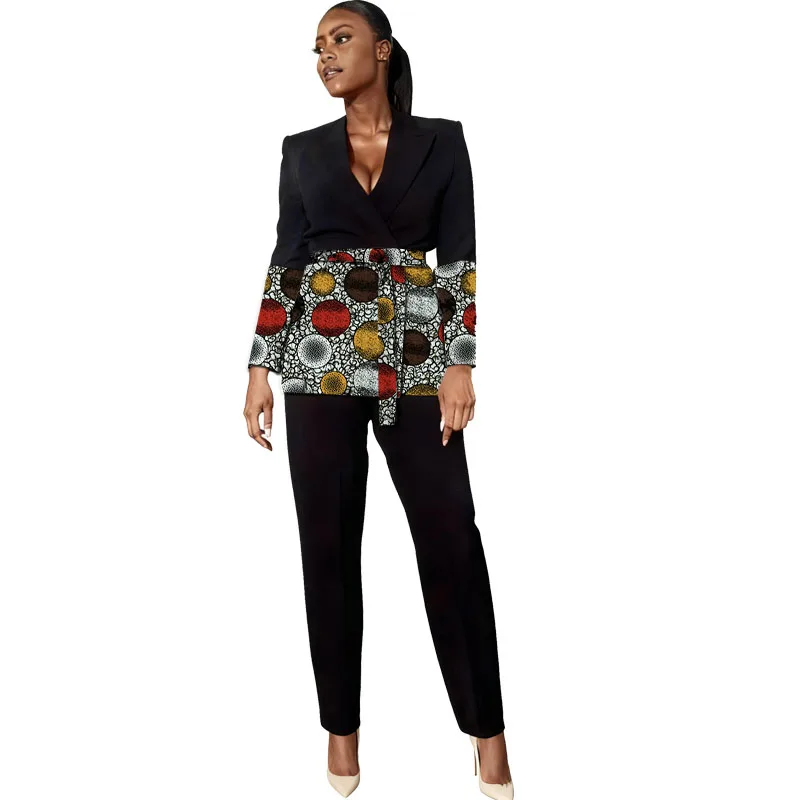 

African Couture Women's Black Suit Original Design Patchwork Blazers With Belt Nigerian Print Ankara Outfit