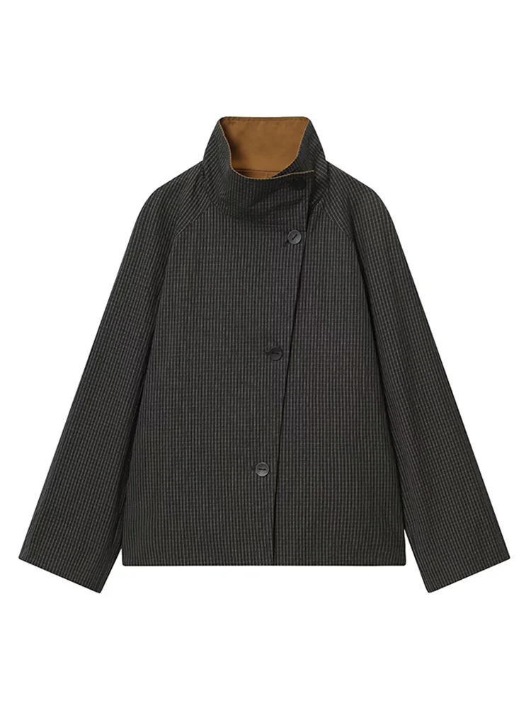Short Double-Sided Trench Coat Woman Plaid Single Breasted Lapel Long Sleeves Loose Coats Street Casual Women's New Chic Jackets 6