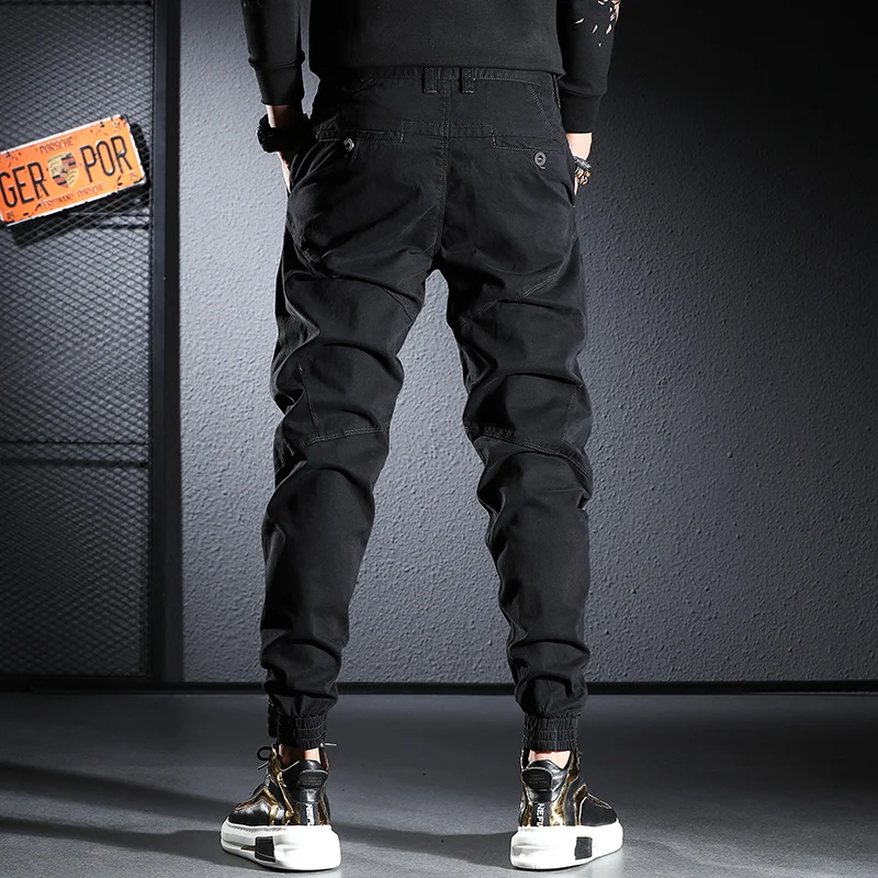 แฟชั่น Streetwear กางเกงยีนส์ผู้ชายยืดหยุ่นสีดำกางเกง Spliced Designer Casual Cargo กางเกง Hombre Hip Hop Joggers ผู้ชาย Overalls