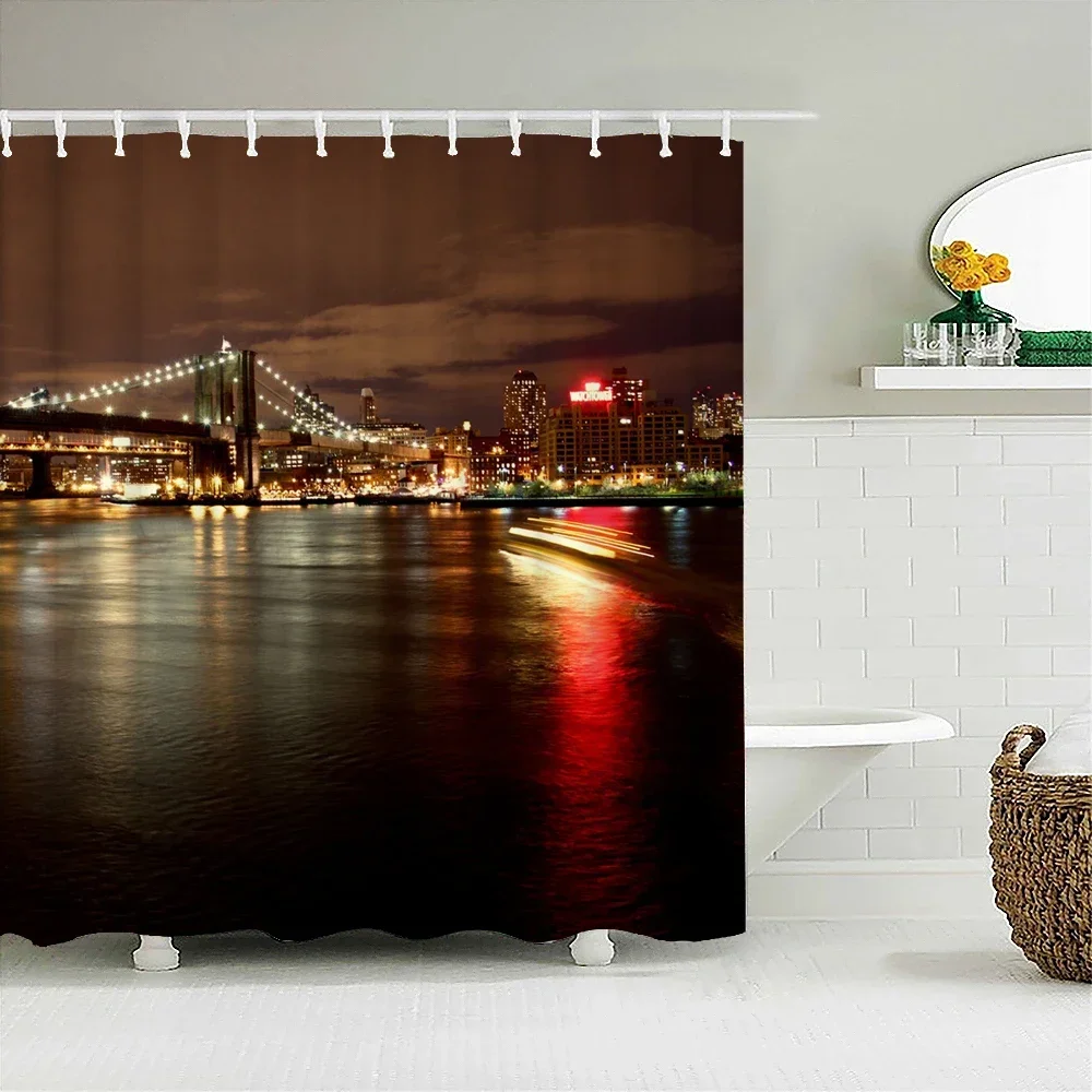 New York London Bridge Shower Curtain Printed Waterproof Fabric Polyester  City Scenery Night View Bath Curtain Bathroom Decor