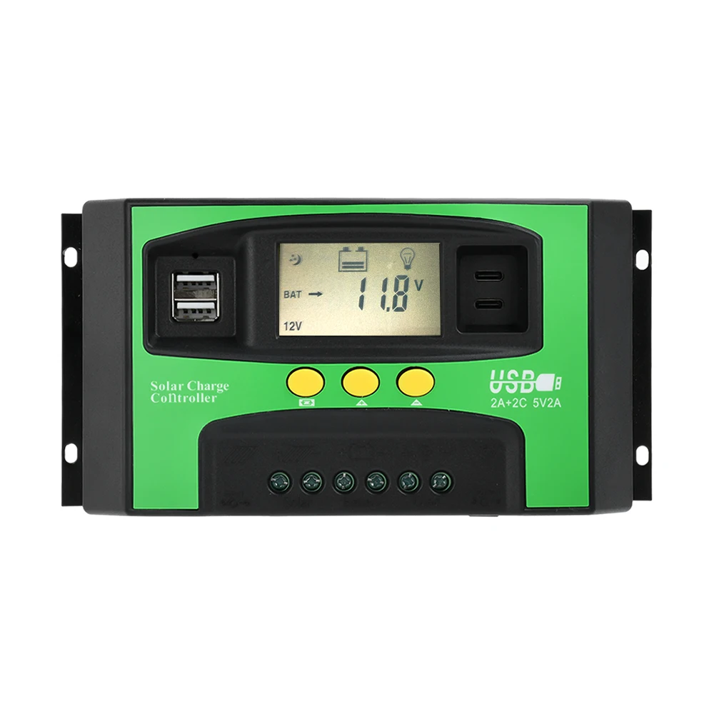 Solar Charge Controller 30A 40A 100A USB Type-C LCD Display 12V 24V Solar Cell Panel Charger Controller with Timing Function