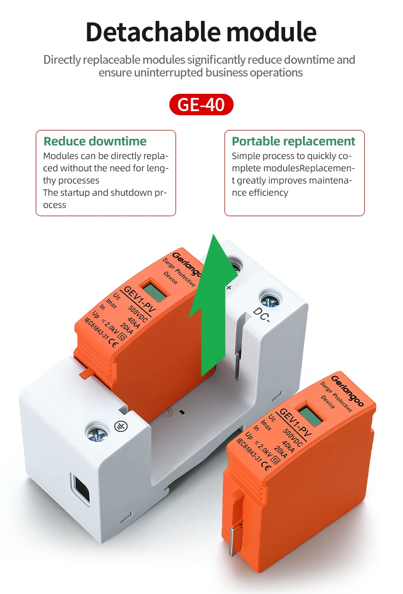 Gerlangoo SPD 2P DC 500V 600V 800V 1000V 10KA~20KA 20KA~40KA Überspannungsschutzgerät Niederspannungs-Ableitergerät – Detail 8