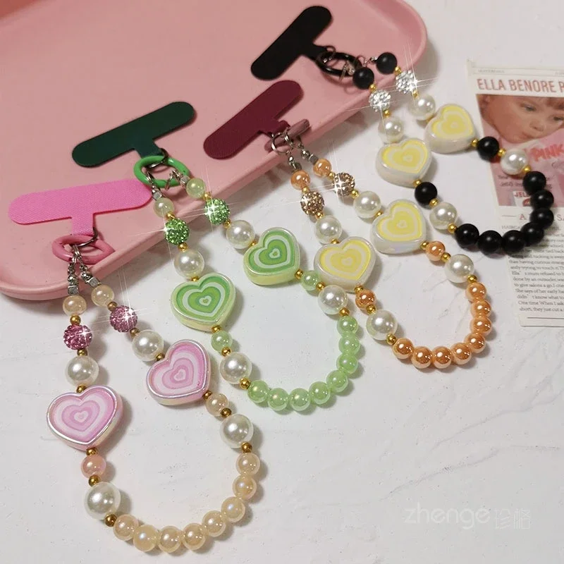 Love Ball Phone Chain, Fashionable Handheld Pearl Handmade Beaded Phone Hanging Rope, Universal Clip on Phone Case