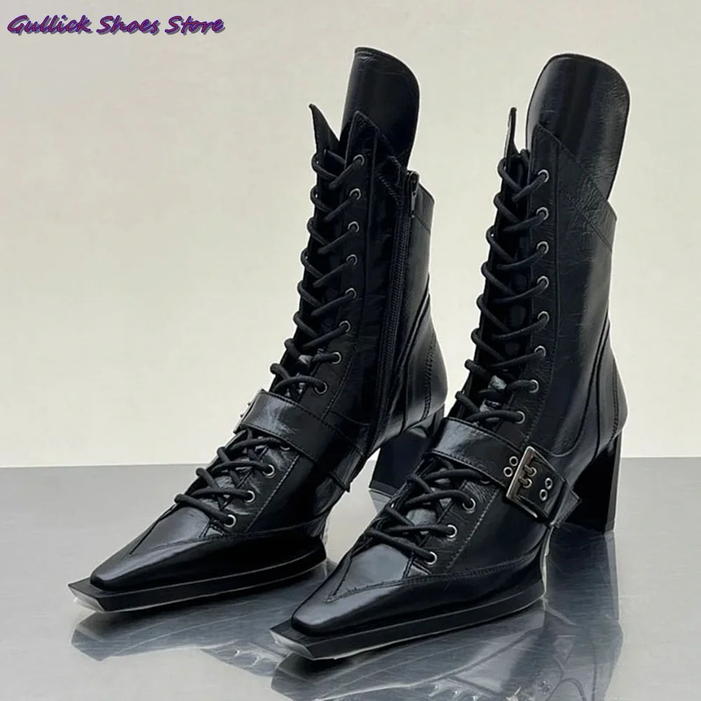 

Retro Motorcycle Women' s Boots Small Square Toe Chunky Heel Buckle Punk Side Zipper Lace Up Boots Cool Girl Ins Style Shoes