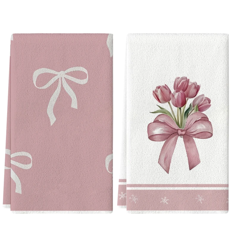 2Pcs, Bow-Tie Tulip Kitchen Towels, 40Cm*60Cm Towel Set, Best Kitchen Towels, Super Absorbent Soft Cleaning Cloth, Cooking and Baking Tea Towels, Hand Towels, Cleaning Cloths, Dishcloths, Kitchen Decor, Living Room Decorations, Kitchen Essentials, Home Essentials