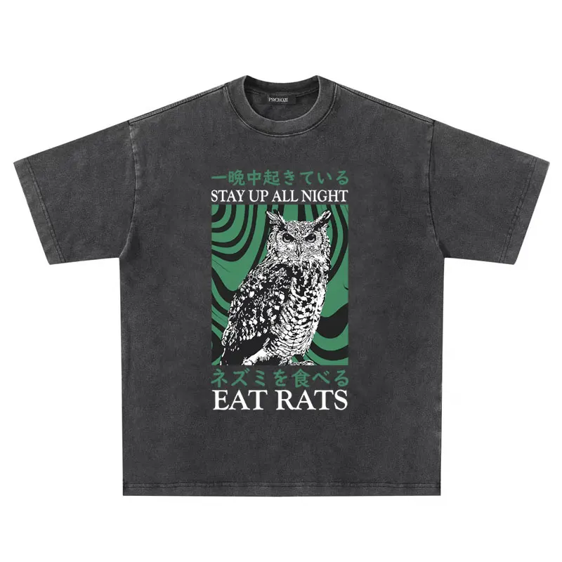 Washed Vintage Funny Japanese Owl Graphic T Shirt Stay Up All Night Eat Rats Tshirt Male Casual Loose T-shirt Men's Fashion Tees