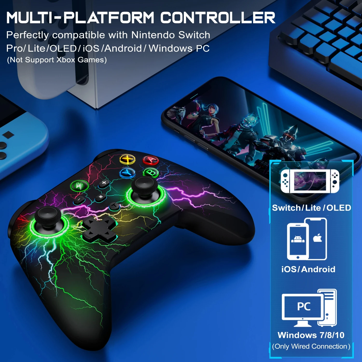 Q212 RGB Gamepad Wireless RGB Pro Controller, Compatible with   Lite/ Oled//iOS/Android