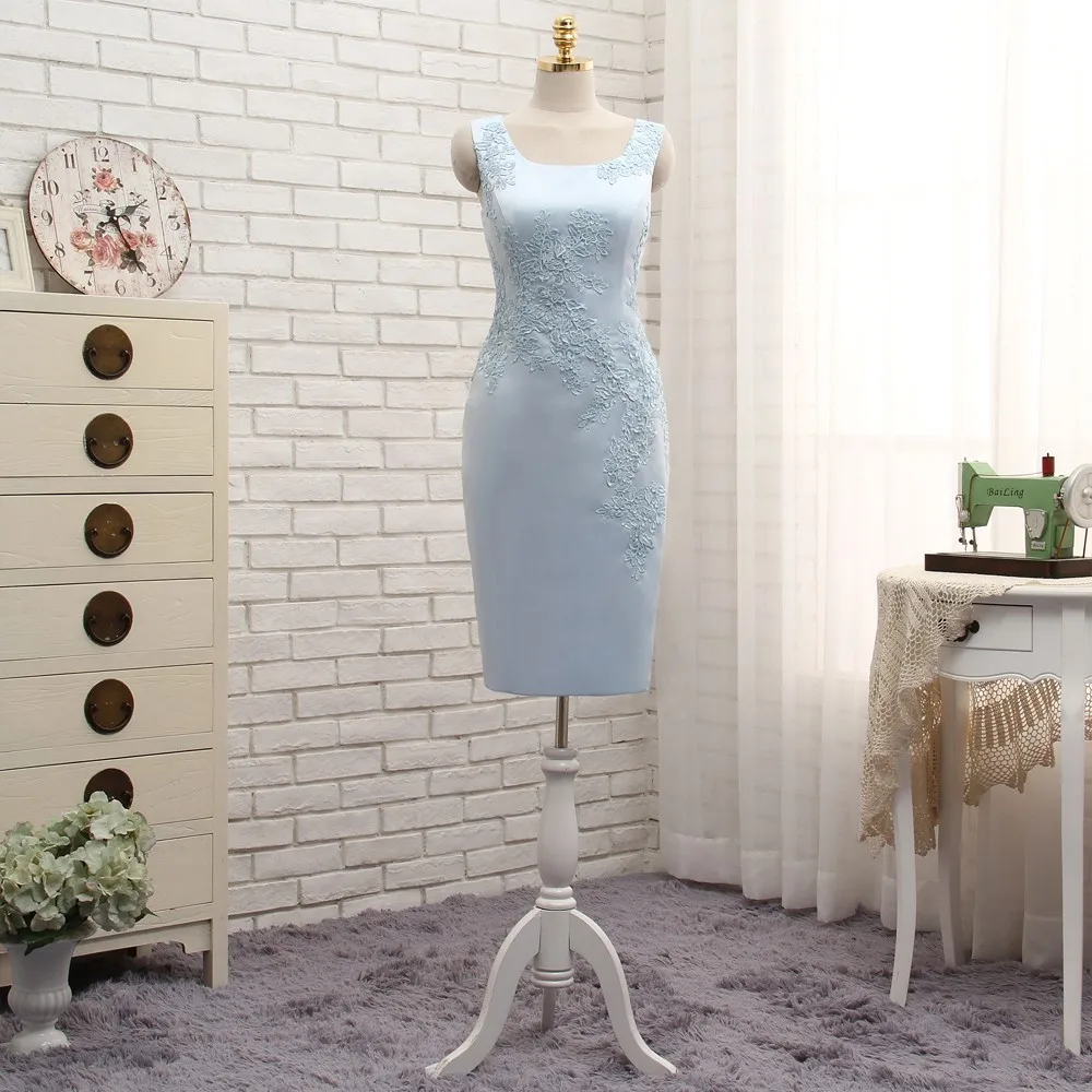 Sky Blue Mother Of The Bride Dresses Sheath Knee Length Appliques With Jacket Plus Size Short Groom Mother Dresses For Wedding