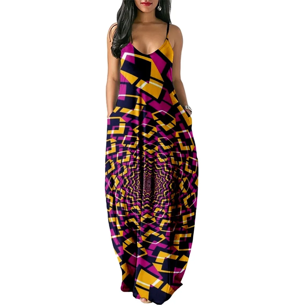 

Dress For Women Halter Neck Summer Geometric Lines Print Sleeveless Midi Backless Loose Party Sexy Dresses Beach Streetwea