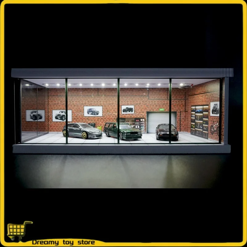 

1/64 Stereoscopic Garage Model Micro Vehicle Dustproof Display Box Retro Parking Lot Exhibition Hall Scene Led Lighting Gift