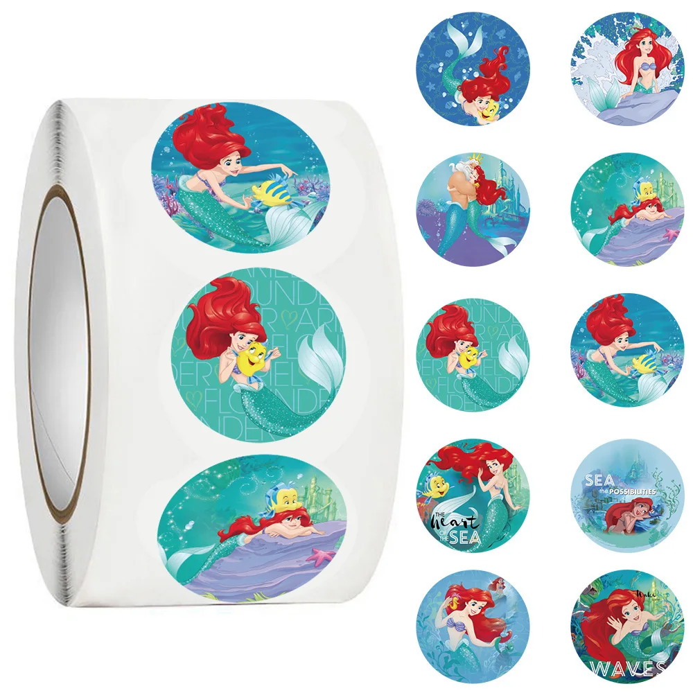 500 Uds./rollo de pegatinas de sellado Kawaii de la Sirenita, pegatinas bonitas de dibujos animados de la princesa Ariel de Disney, juguetes, artículos de papelería para fundas de teléfono DIY