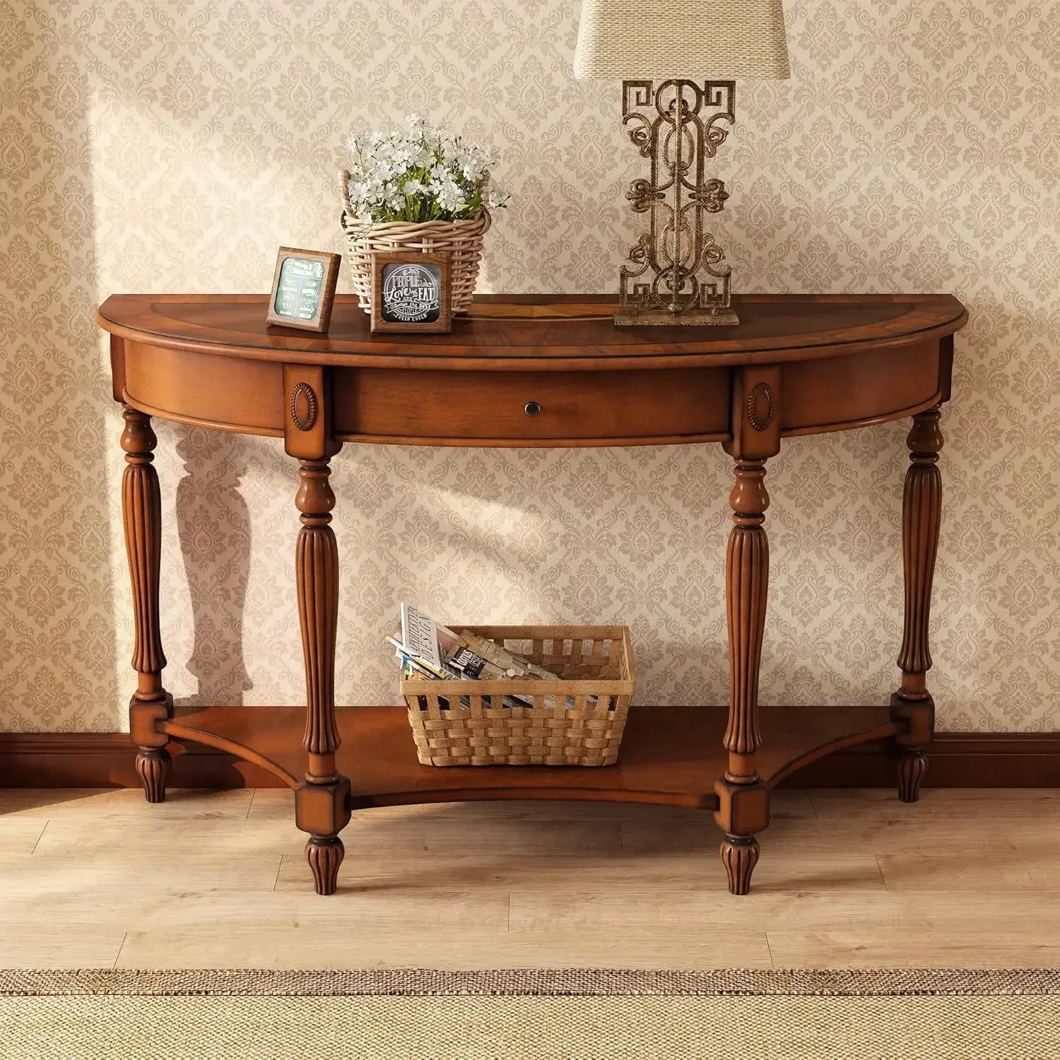 Solid Wood Semi-Circle Console Table with Drawer and Shelf, 45.3