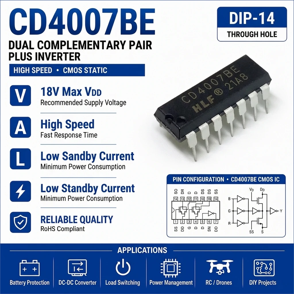 (10 pcs) CD4007BE DIP-14 CMOS Dual Complementary Pair Plus Inverter 3V-18V