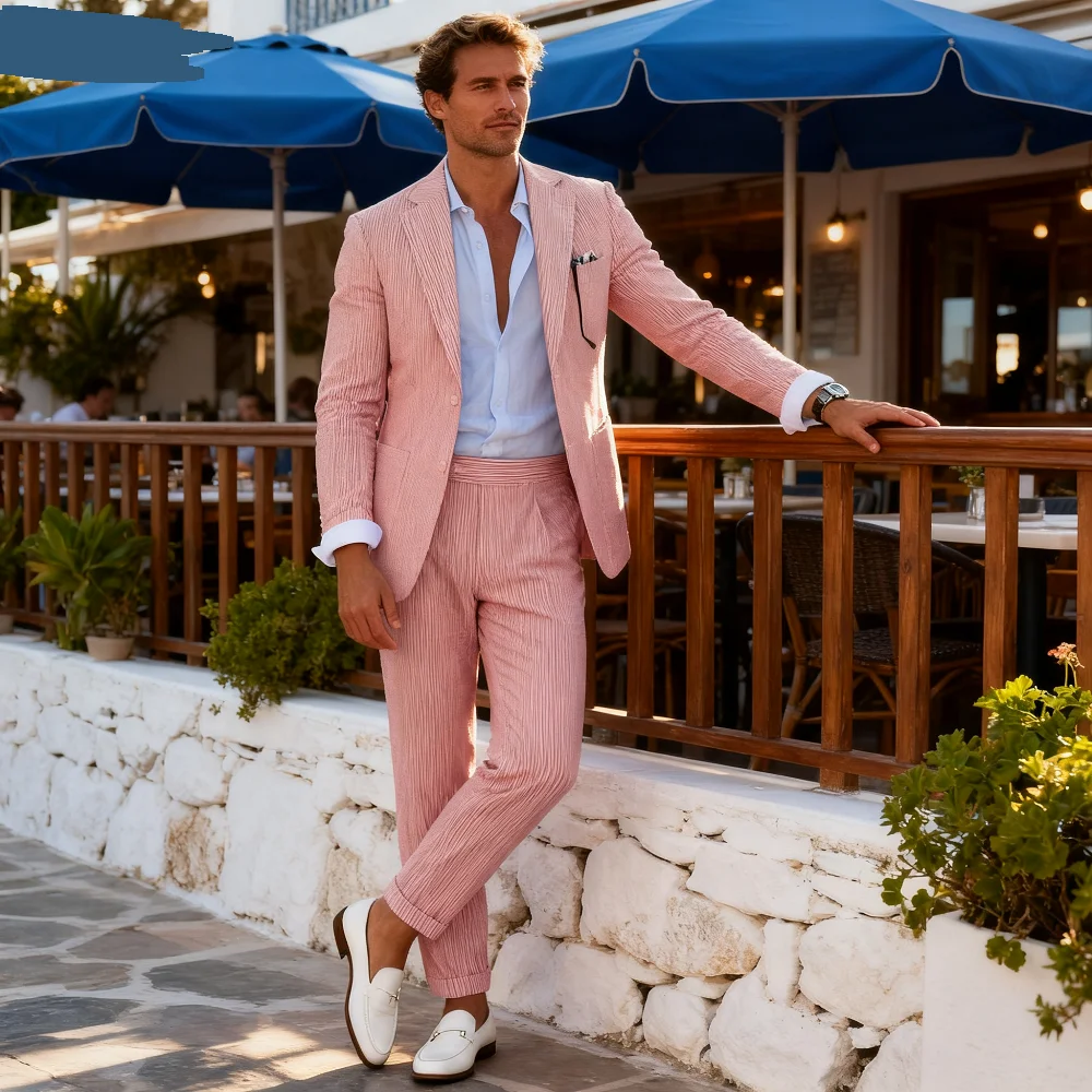 

Men's 2-Piece Seersucker Tailored Lapel Formal Tuxedo Jacket And Pants Casual Blazer Slim Fit for Wedding Party