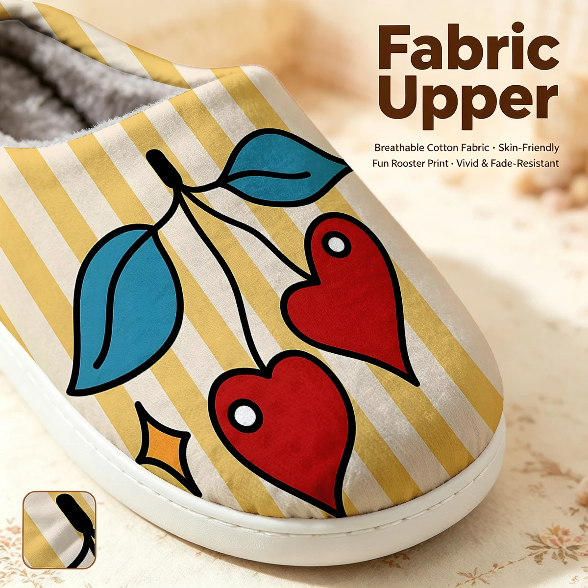 Heart Cherry Stripe Christmas White Slippers Warm Plush Indoor Shoes Non-Slip Winter Slippers Family Holiday Gifts Soft view 2