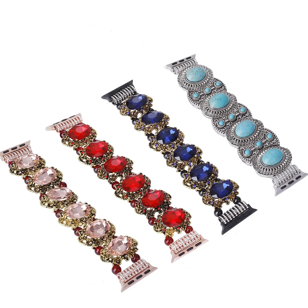 Vintage turquoise strap for Apple watch band bracelet chain for iwatch87654321SE Ultra40 41 44 45mm metal Elastic force wrist