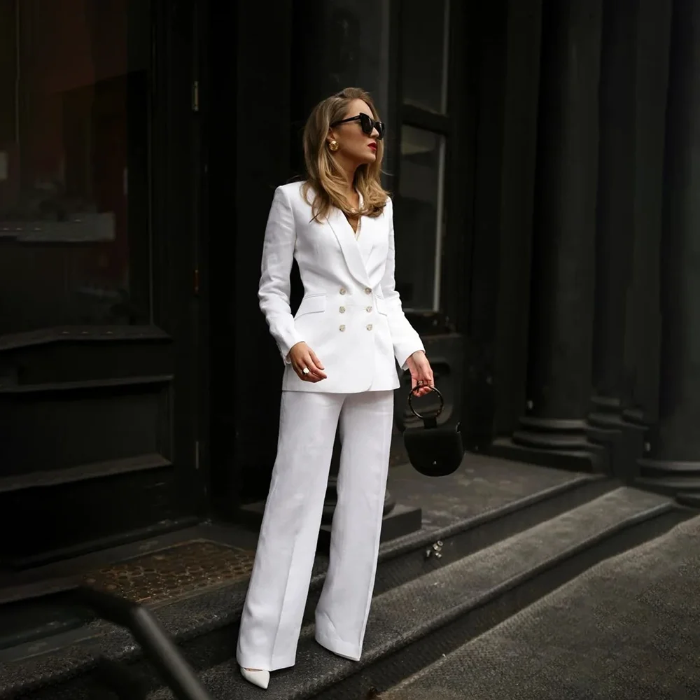 

2 Pieces Women Suit Jacket Pants Double Breasted White Formal Office Female Blazer Sets Chic Outfits