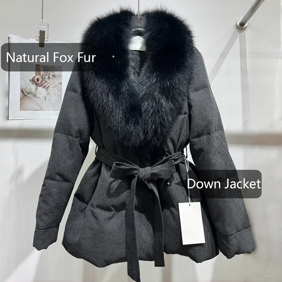 CNEGOVIK المرأة أسفل سترة مع الفراء الثعلب سترة مع الفراء الحقيقي أسفل معطف المرأة الطبيعية الثعلب الفراء طوق الشتاء أوزة ريشة #4