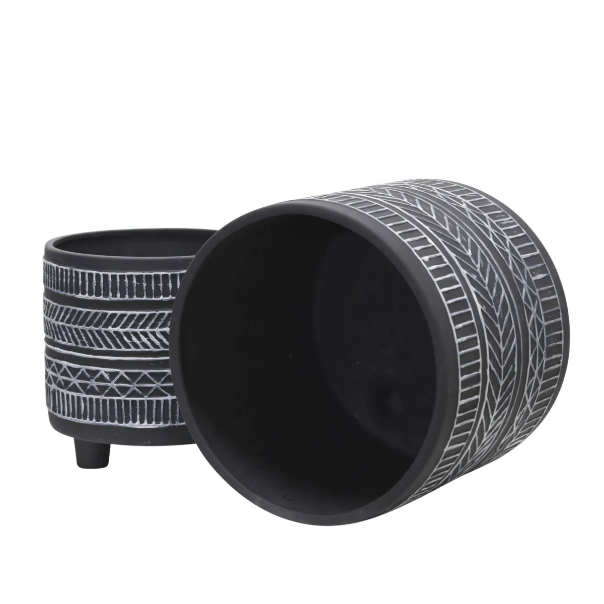 S/2  TRIBAL LOOK FOOTED PLANTER 6/8", BLACK On-Site