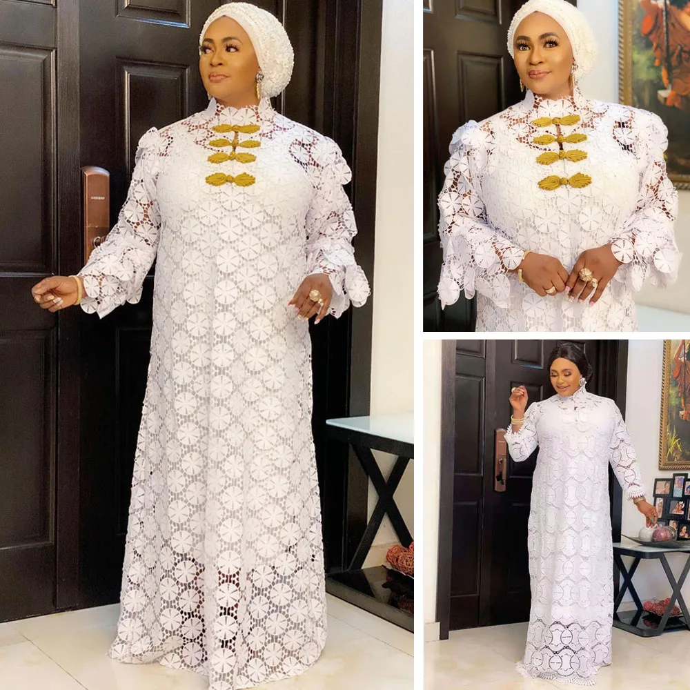 African Dresses for Women White Lace Long Dress 2024 New Muslim Abaya Dubai Kaftan Robe Ramadan Eid Caftan African Dashiki Gown