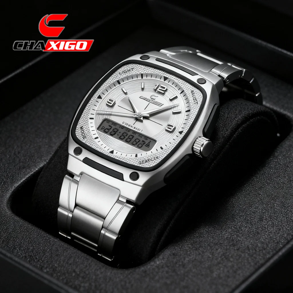 

CHAXIGO Men's Analog Digital Pointer Dual Display Stainless Steel Strap Watch 42mm Luminous 30m Waterproof Quartz Watch