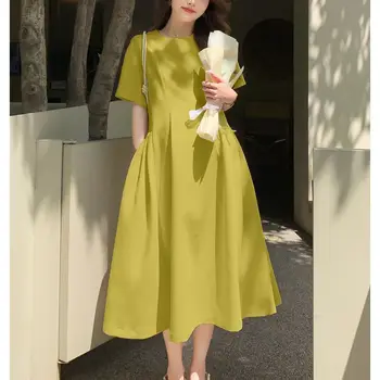 임산부 반팔 O넥 플리츠 드레스, 한국 스타일, 우아한 패션, 플러스 사이즈, 임신 의류, 여름