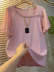 Sexy Hollow Beaded T-Shirt Women Short Sleeve Summer European Fashion Lace Sleeve Mesh Top Slimming Small Shirt Commute Style