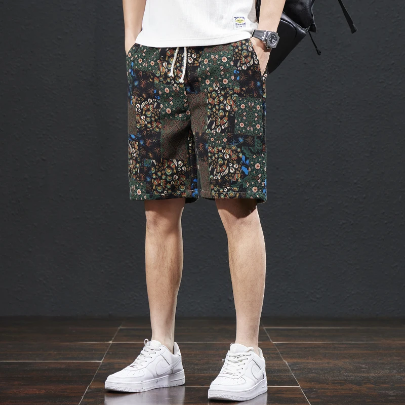 

Beach pants men's summer thin ethnic style printed capris, trendy loose, elastic, breathable BOY's shorts