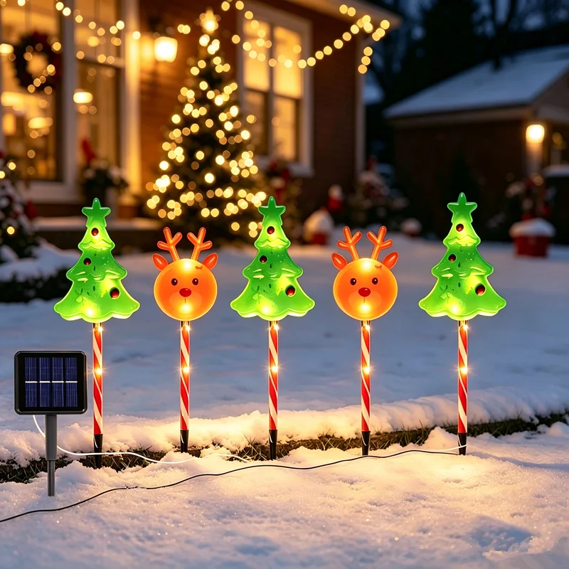 Solar Christmas Pathway Stake Lights, 5‑Pack Xmas Tree & Reindeer LED Garden Lights, Waterproof Solar Candy Cane Lawn Lights
