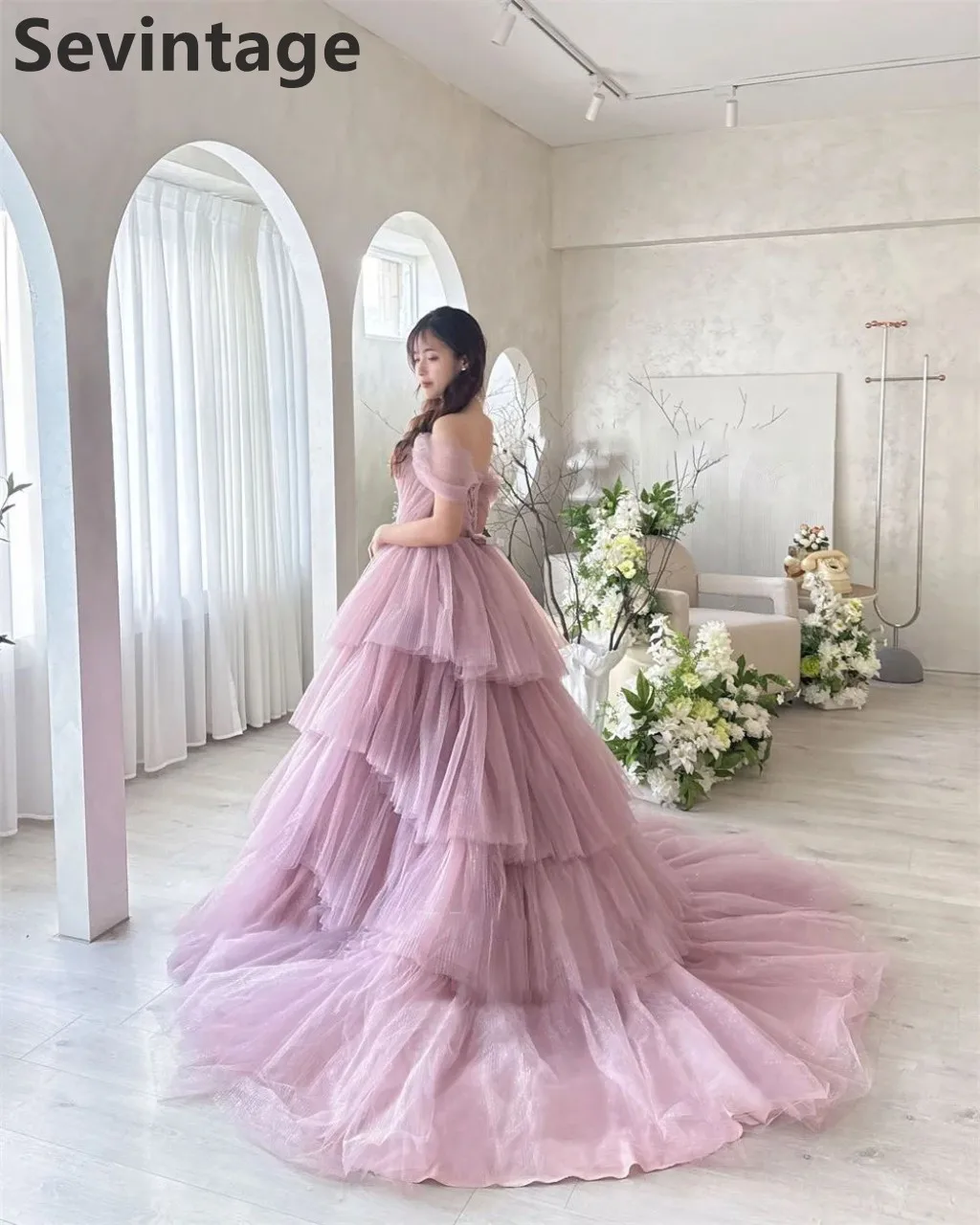 Sevintage 2025 Blush rose Tulle longueur de plancher Maxi robe de soirée épaules nues a-ligne robe Vintage Maxi à plusieurs niveaux robes de bal