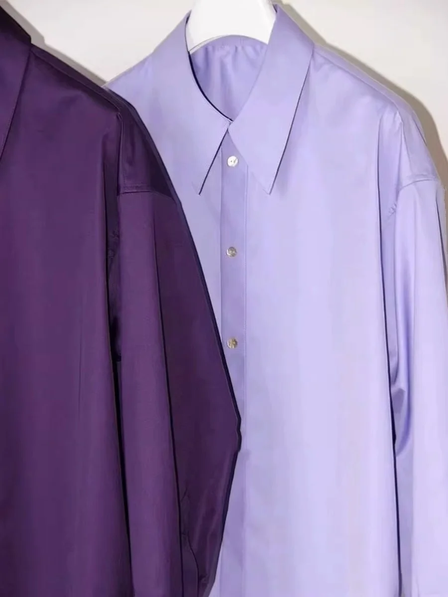 

Новинка весеннего сезона: Фиолетовая повседневная женская рубашка с длинным рукавом, острым воротником, свободного кроя, универсальная, из хлопка, для офиса и повседневной носки