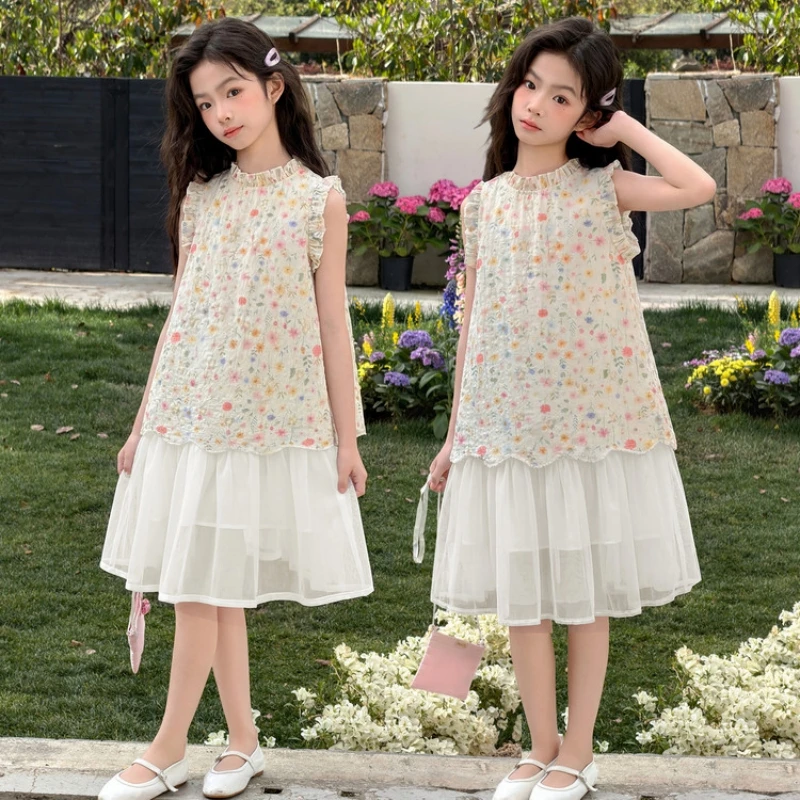 Girls Dress, Floral Fake Two-Piece Dress, Sleeveless Summer Tulle Skirt, Children's Holiday Party Outfit Suitable for daily wear