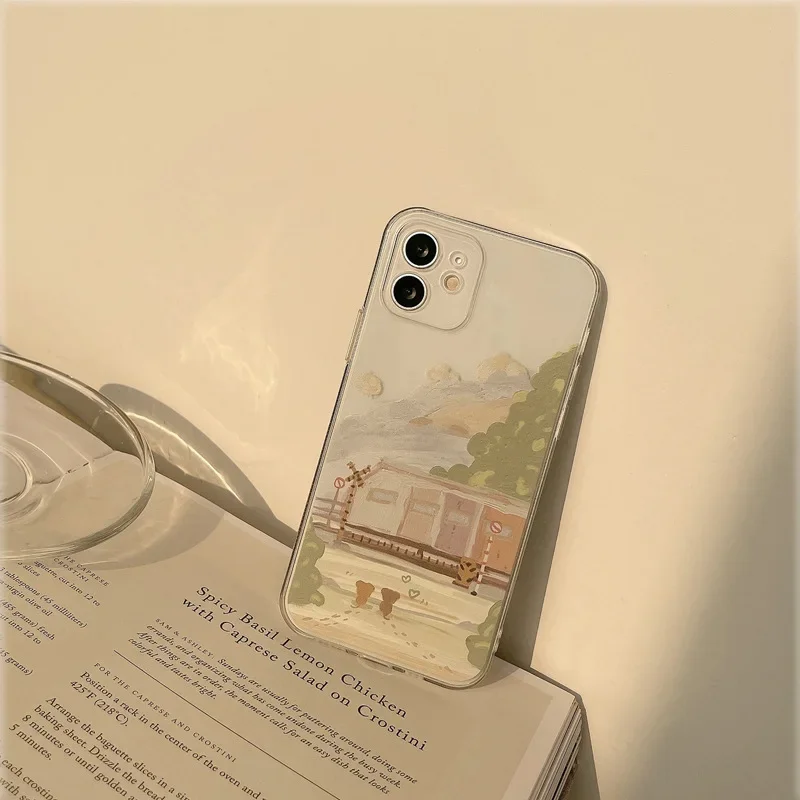 Retro sweet train station painting Japanese Phone Case For iPhone 16 15 14 13 11 12 Pro Max Xr Xs Max 15 14 Plus case Cute Cover