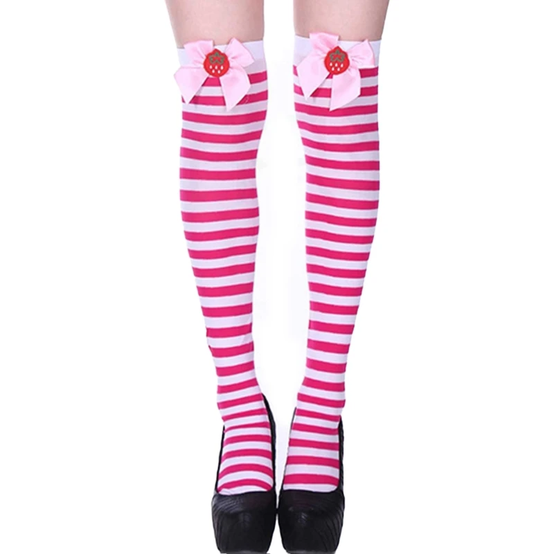 SZL Ribbed Fabric Thigh High Long Socks with Strawberry Bowknot for Women Striped Over Knee Stockings Roleplay Party Hosiery