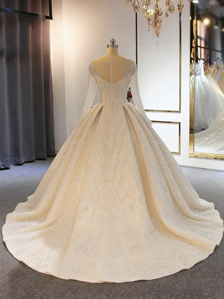 Custom Champagne Colored Large Skirt Wedding Dress Long Sleeved Round Neck Satin Pearl Embroidery Sequin Lace Vestido De Novia