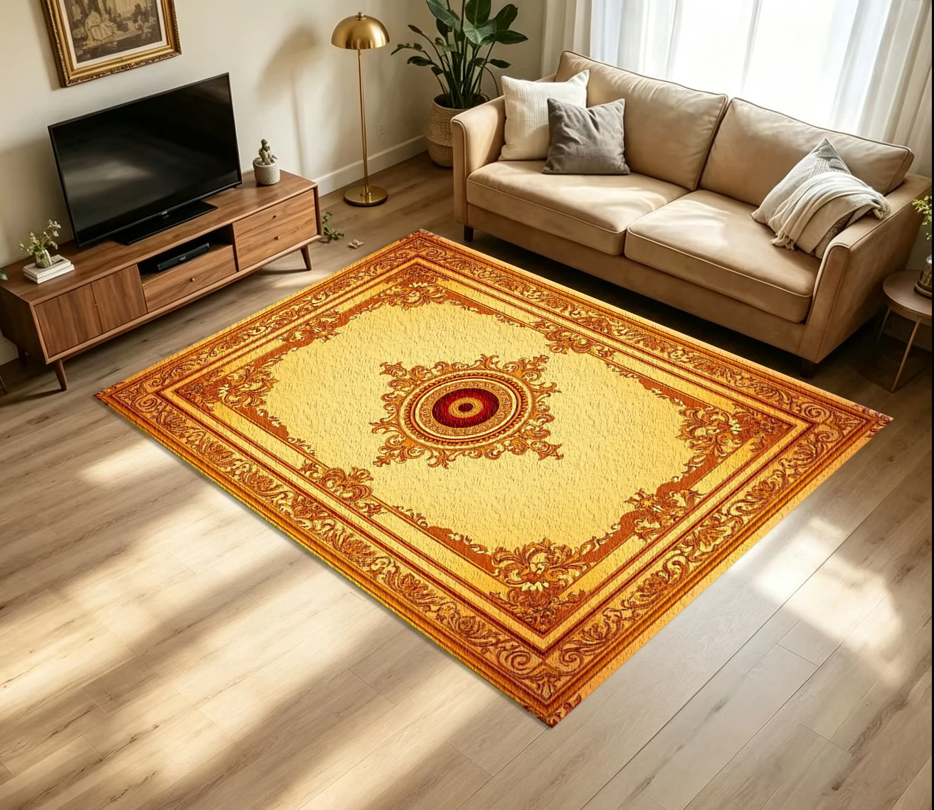 Luxury Golden European Palace Carpet Flooring Baroque Ornate Scroll Medallion Vintage Frame Art Pattern Printed Floor Rug for Household Indoor Noble Hall Home Decor