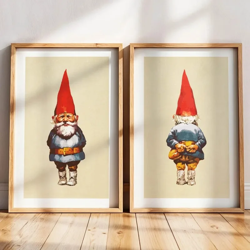 Christmas Gnome Front and Back View Red Hat Folk Art Canvas Poster Prints Frameless Wall Art Cute Rustic Farmhouse Home Decor
